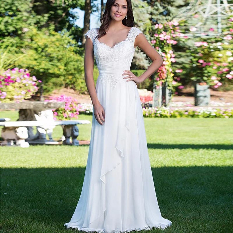 On Sale Summer Beach Wedding Gowns Lace Cap Sleeves V Neckline White Dress for Bride Sweep Train Bridal 2023