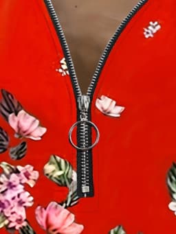 Women's Fashion Zipper Flower Print Long sleeved Top