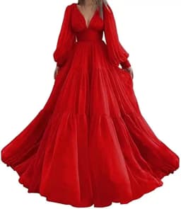 Sevintage Customized Long Puff Sleeves Prom Dresses V-Neck Pleats Chiffon Princess Evening Gowns Women Party Dress Plus Size