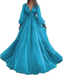 Sevintage Customized Long Puff Sleeves Prom Dresses V-Neck Pleats Chiffon Princess Evening Gowns Women Party Dress Plus Size