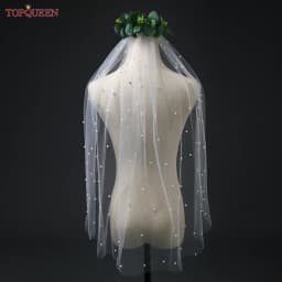TOPQUEEN V05 Pearls Wedding Veils With Comb 100% Handmade Beaded Wedding Accessories 3M Cathedral Wedding Veil Luxury Elegant