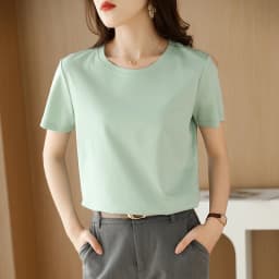 Summer 100% Mercerized Cotton Women Silk T-shirts O Neck Short Sleeve Loose Straight Tops Simple Casual Tees For Minimalist 2025