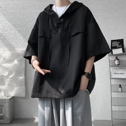 2026 Summer Men Hooded Shirt Korean Half Sleeve Pullover Streetwear Hip Hop Loose Shirt Tops Drawstring Men Clothing M-5XL