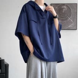 2026 Summer Men Hooded Shirt Korean Half Sleeve Pullover Streetwear Hip Hop Loose Shirt Tops Drawstring Men Clothing M-5XL