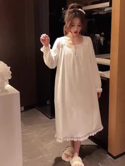 Long-Sleeved Princess Style Nightgown Loose Large Size Can Be Worn Outside the Home Wear Summer Women's Pajamas Lace White Korea