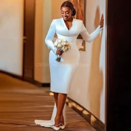 Customized Wedding Dress with Detachable Train V Neck Long Sleeves Bridal Gowns for Women Sheath Knee Length Wedding Gown Short
