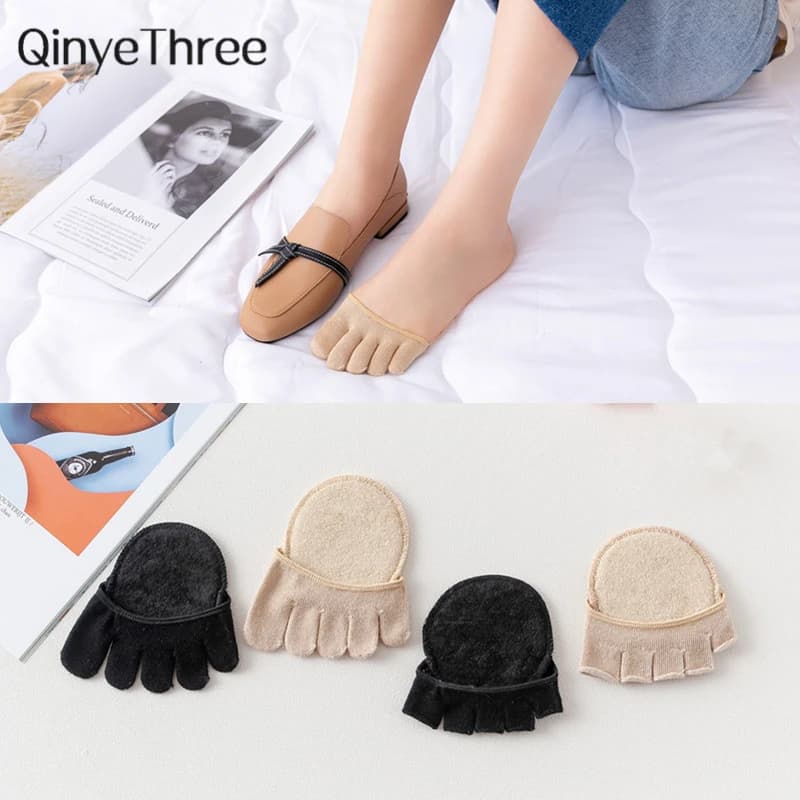 Women Sponge Half Palm Anti-Slip Lining Socks Soft Open Toe Heelless Liner Invisible Forefoot Cushion Cotton Foot Pad Dropship