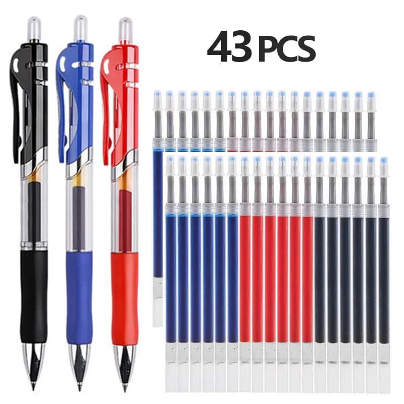 43 PCS Gel Pens & Refills Set Stationery Kawaii Writing Pen Black/Red/Blue Ink 0.5 mm Blue Ballpoint Pen Office School Supplies