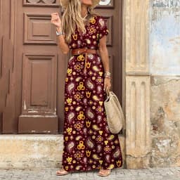 Elegant Floral Pleated H Shaped Midi Dress Female V Neck Puff Sleeve Waist Ruched Button Dresses Women Summer Dress Robe