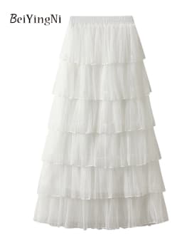 Beiyingni Woman Mesh Long Midi Cake Skirt Solid Color Elegant French Tiered Fairy Tulle Skirts Khaki Casual High Waist Faldas