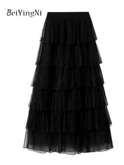Beiyingni Woman Mesh Long Midi Cake Skirt Solid Color Elegant French Tiered Fairy Tulle Skirts Khaki Casual High Waist Faldas