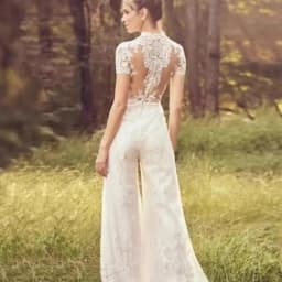 Bridal Jumpsuit High Neck Short Sleeve Lace Wedding Outfit Illusion Open Back Wide Leg Pants Bohemian Wedding Dress Custom Made