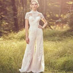 Bridal Jumpsuit High Neck Short Sleeve Lace Wedding Outfit Illusion Open Back Wide Leg Pants Bohemian Wedding Dress Custom Made