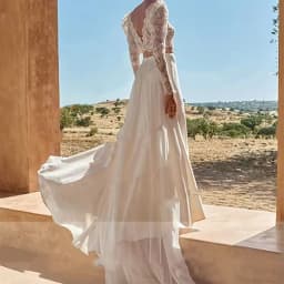LSYX Customized Boho 2 Pieces Lace Long Puff Sleeves Wedding Dresses High Side Slit O-Neck Backless Sweep Train Illusion 2026