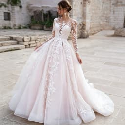 Long Sleeve Illusion V Neck Lace Wedding Dress Appliques Sheer Back Ball Gown Tulle Bridal Dress With Chapel Train Wedding Party