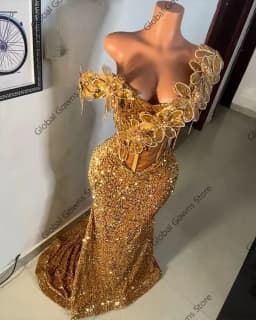 Sparkle Golden Aso Ebi Prom Dresses Black Girls Off Shoulder Crystals AppliquesFormal Prom Party Gowns Sequin Customized