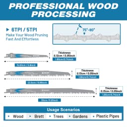 EZARC Wood Pruning Reciprocating Saw Blade 150/ 225/ 300mm Sharp Ground Teeth CRV Long Lifetime Sabre Saw Blades 5TPI