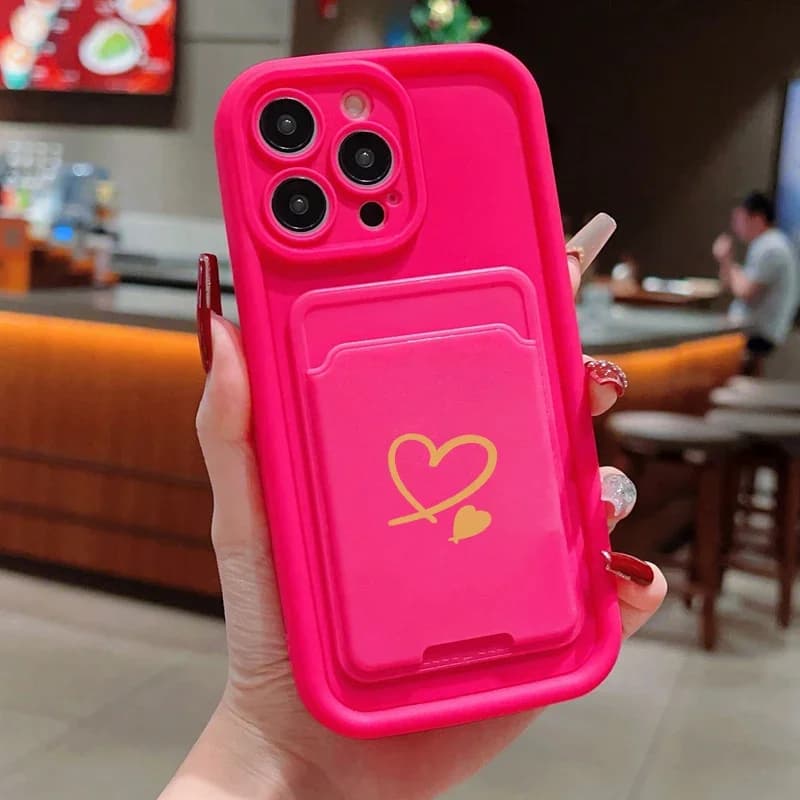 Luxuly Love Heart Insert Card Bag Silicone Soft Phone Case For iPhone 17 16 15 14 13 12 11 Pro Max 7 8 Plus 16E 17Air Soft Cover