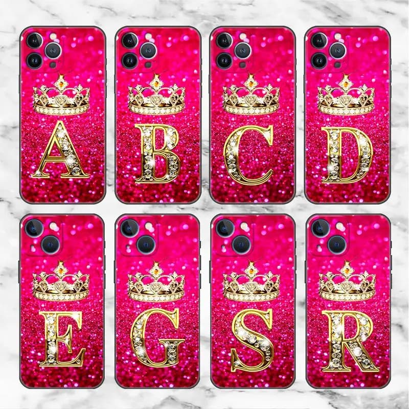 Pink Diamonds Letter Case For Apple iPhone 11 15 13 14 Pro Max 12 Plus X 15Pro Black Silicone Phone Coque
