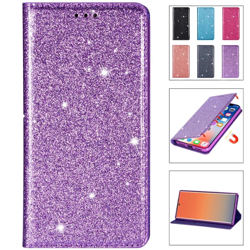 Glitter Wallet Flip Leather Case For Samsung Galaxy S25 Edge S24 FE S23 Plus S22 Ultra A05 A06 A07 A15 A16 A17 A26 A36 A55 A56