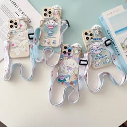 For iPhone 16 15 14 13 12 11 XR Xs 8 7 6 Pro Max mini Plus e ice cream Cinnamoroll Case With Holder Rope