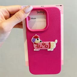Korean Cute 3D Cartoon Embroidery Dog Phone Case For iPhone 18 17 16 15 14 13 12 Pro Max Plus Funny Puppy Leather Pattern Cover