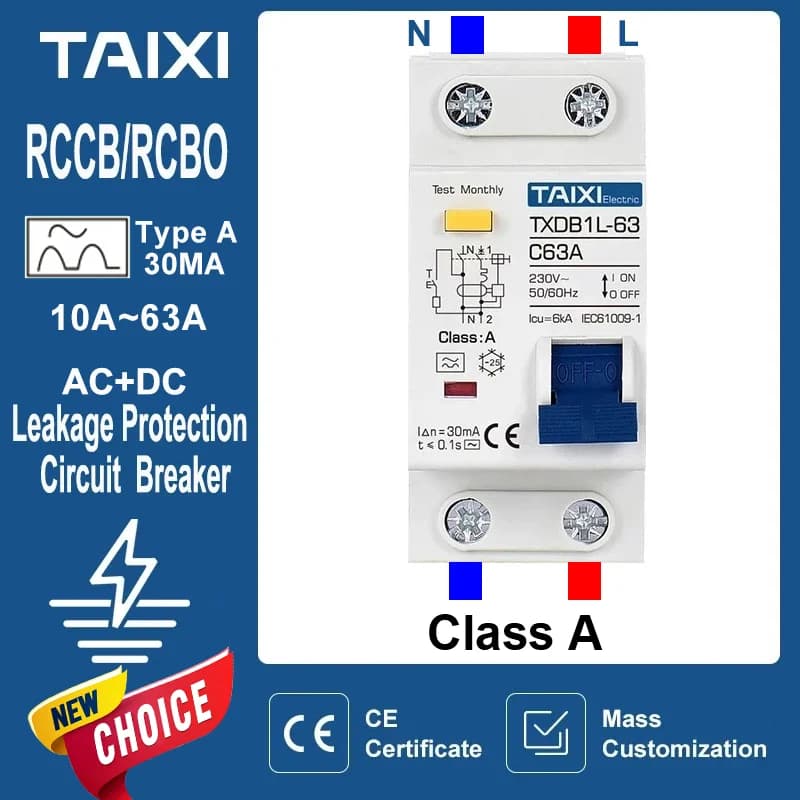 Residual Current Circuit Breaker RCBO Type A 30mA MCB 1P+N 10A 16A 20A 32A 40A 63A Earth Leakage Overload Protection TAIXI