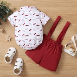 Baby Boys Clothes Set, Beard Print Short Sleeve Lapel Neck Shirt+Solid Color Suspender Shorts