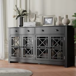 Modern Buffet Cabinet with Drawers, Wood Sideboard Buffet Cabinet with 4 Acrylic Glass Doors, Freestanding Bar Cabinet