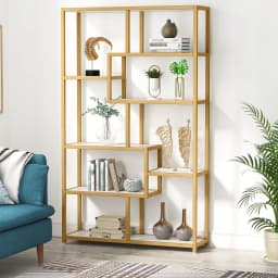 Tribesigns Bookshelf Bookcase, Gold 8-Open Shelf Etagere Bookcase with Faux Marble, Modern Book Shelves Display Shelf