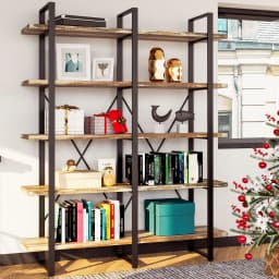 IRONCK Industrial Bookshelf and Bookcase Double Wide 5 Tier, Large Open Shelves, Wood and Metal Bookshelves for Home Office