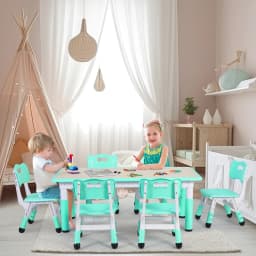 Rectangle Kids Table with 6 Chairs Set, Height Adjustable Toddler Multi Activity Table Set, Arts&Crafts Desk for Girls, 2-10 old