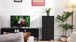JHK Dresser For Bedroom With 4 Fabric Drawers Nightstand Wardrobe Steel Frame Closet For Clothes Storage Cabinet Of Furniture