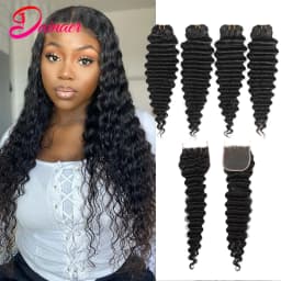 Deep Wave Bundles With Closure Brazilian Human Hair Weave Bundles With Closure Deep Wave Hair 4Bundles With 4x4 Lace Closure