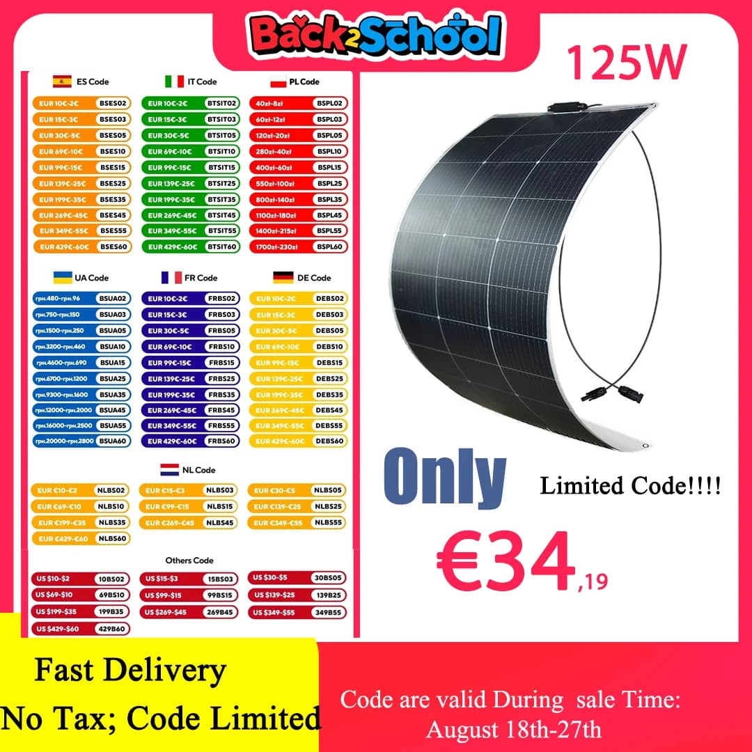125W 250W Solar Panel 18V Flexible Solar Panel Monocrystaillne Solar Cell 12V/24V Battery Charger 1000W Home System Kits RV Boat