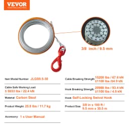 SucceBuy 50/75/100ft Galvanized Steel Winch Cable 3/8in Breaking Strength Wire Winch Rope for SUV Large Off-Road Vehicle