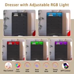 5-Drawer Dresser with Charging Station, LED Dresser for Bedroom, Wood Dresser for Storage and Organization for Living Room