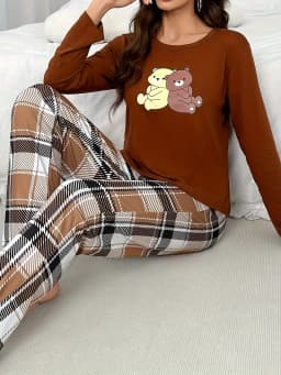 Round neck checkered pants, casual, soft and comfortable long sleeved pants set, women's cute pajamas