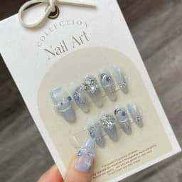 10Pcs Handmade Press on Nails Long Ballet Blue Fake Nails with 3D Ocean Moon Rhinestone Design False Nails Full Cover Nail Tips