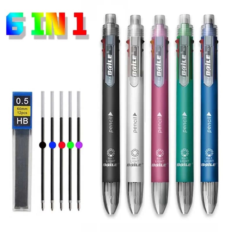 6 In 1 Multicolor Roll Ball Pen Set with Refills Lead 5 Color Ballpoint Pen and 1 Pencil Core Creative Multifunction Marking Pen