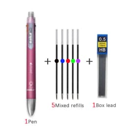 6 In 1 Multicolor Roll Ball Pen Set with Refills Lead 5 Color Ballpoint Pen and 1 Pencil Core Creative Multifunction Marking Pen