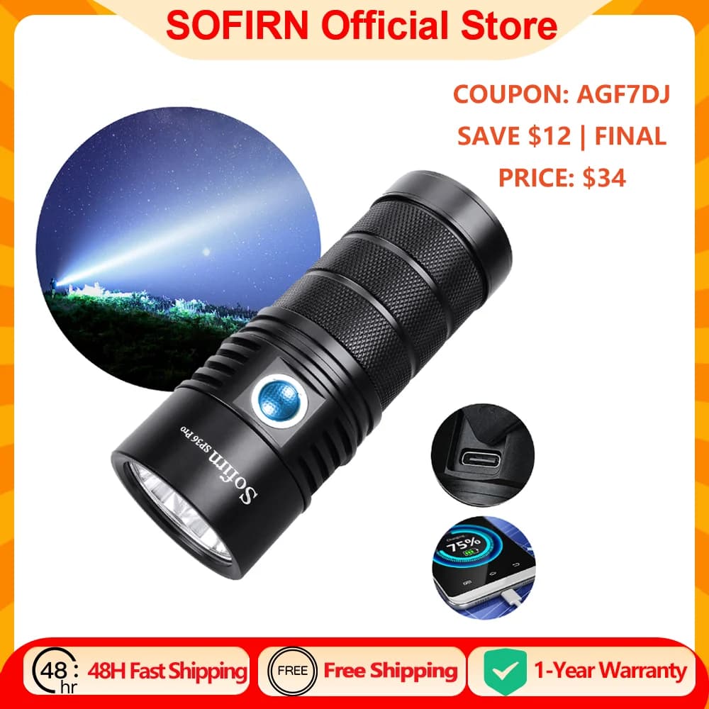 Sofirn SP36 Pro 8000lm Powerful LED Flashlight 4*SST40 USB C Rechargeable 18650 Torch