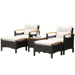5PCS Patio Rattan Furniture Set Sofa Ottoman Cushioned Table W/Wood Top
