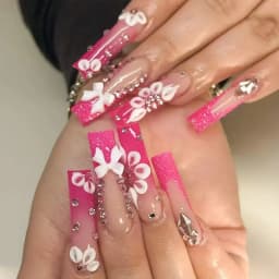 24Pcs Long French Fake Nails with Glue Ballet False Nails Butterfly Rhinestone Design Press on Nails Wearable Coffin Nail Tips