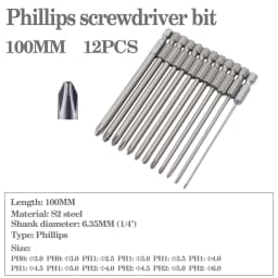 12pcs/15pcs 50mm 75mm 100mm 150mm Phillips screwdriver bit S2 alloy steel with magnetic screwdriver bit PH0 PH1 PH2