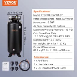 SucceBuy 80 Gallon Air Compressor 6.5HP 145PSI Oil Free Air Compressor Ultra Quiet Compressor for Industrial Sites Auto Repair