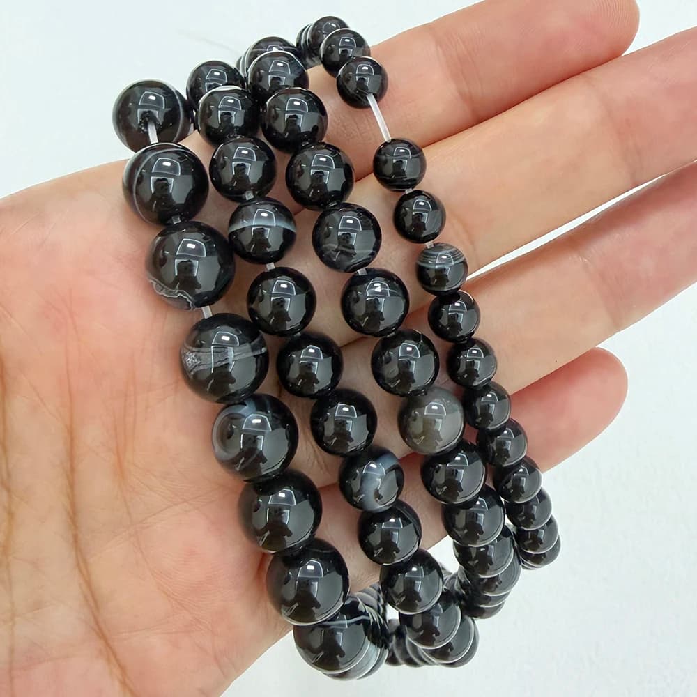 Natural Stone Black Stripe Onyx Agate Round Loose Beads 4 6 8 10 12MM Pick Size For Jewelry Making