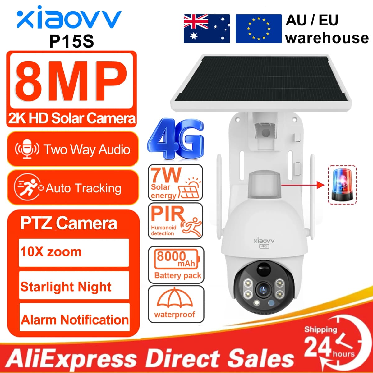 8MP 2K HD solar camera PTZ outdoor night vision security 4G SIM network camera with solar panel charging iCSee human detection