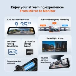 70mai Rearview Dash Cam S410 9.35" Mirror Display Front 2K Rear 1080P F1.55 Aperture Supercapacitor 24/7 Protection 70mai S410