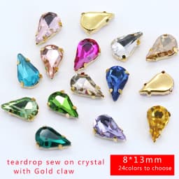 5x8mm 6x10mm 8x13mm 24-Colors Sew on Flat Water Drops Teardrop Crystal Rhinestones With Gold Claw Button Wedding Dress Bags Diy